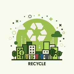 Recycle concept. Green city background. Flat minimal style. Vector Illustration.