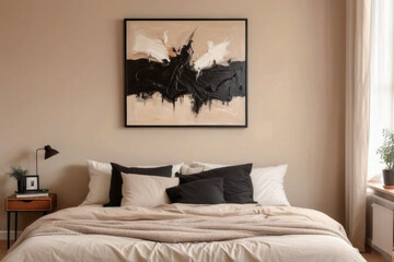Abstract black oil painting in frame on empty beige wall of cozy bedroom