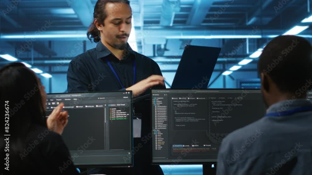 Poster manager and it support specialists working together, supervising server rows in computer network sec