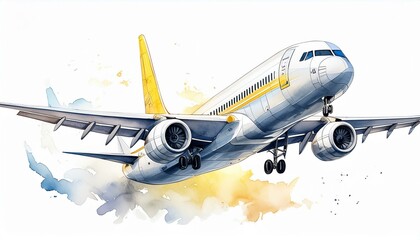 Watercolor white cargo plane with one turbine on wings and a yellow tail flies up into the air isolated on a white background for an illustration of logistics, freight traffic 
