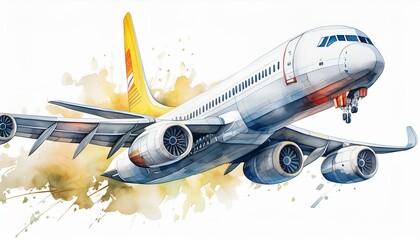 Watercolor white cargo plane with one turbine on wings and a yellow tail flies up into the air isolated on a white background for an illustration of logistics, freight traffic 