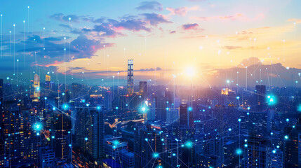 Fototapeta premium A smart city park equipped with IoT-enabled benches, interactive kiosks, and ICT-driven surveillance systems, with people engaging with augmented reality