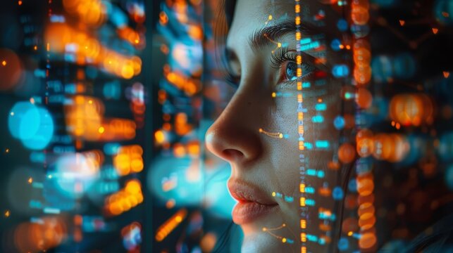 Illustrate a scientist programming a neural network, with code and data streams displayed on multiple screens, Close up