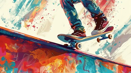 Illustrate a skateboarder grinding along a rail at a vibrant, graffiticovered skate park, Close up