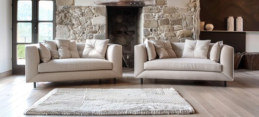 Two beige fabric sofas in the living room with a white rug and stone wall background