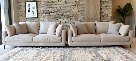 Two beige fabric sofas in the living room with a white rug and stone wall background