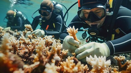 Illustrate a vibrant coral reef being restored, with divers carefully planting new coral fragments, Close up