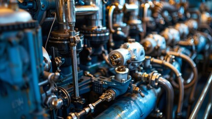 A maze of pipes and valves surrounds the marine diesel engine each one serving a crucial purpose.