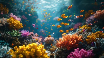 Fototapeta premium Illustrate a vibrant underwater scene showcasing the diversity of marine life in a wellprotected ocean area, Close up