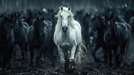 standing out from the crowd concept. White horse standing between many black horses