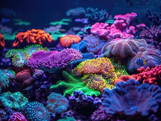 The vibrant colors of coral reefs glowing under ultraviolet light, revealing the fluorescent pigments and biofluorescent compounds that give corals their stunning visual appearance