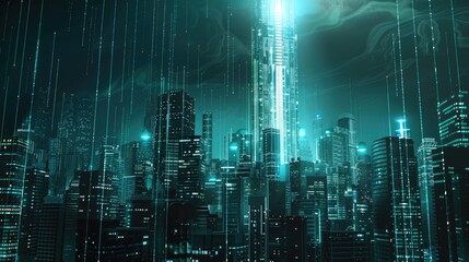 A futuristic cityscape with skyscrapers and digital data streams, illuminated by an ethereal blue light. The background is dark to highlight the glowing buildings and neon lights. 