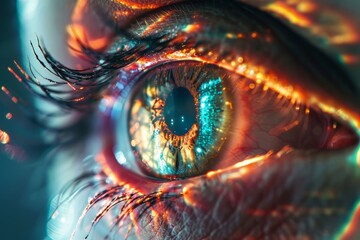 Realistic hologram of human eye and real eye close-up.Laser eye surgery, cataract, ophthalmologist