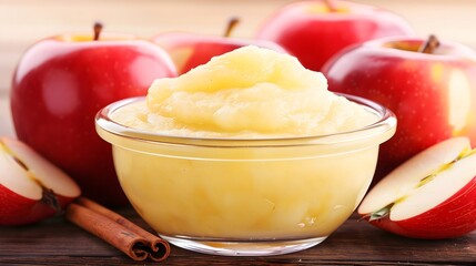  a bowl of homemade apple sauce, apples in the background, Copy space, banner style, culinary blog, recipe, social media post