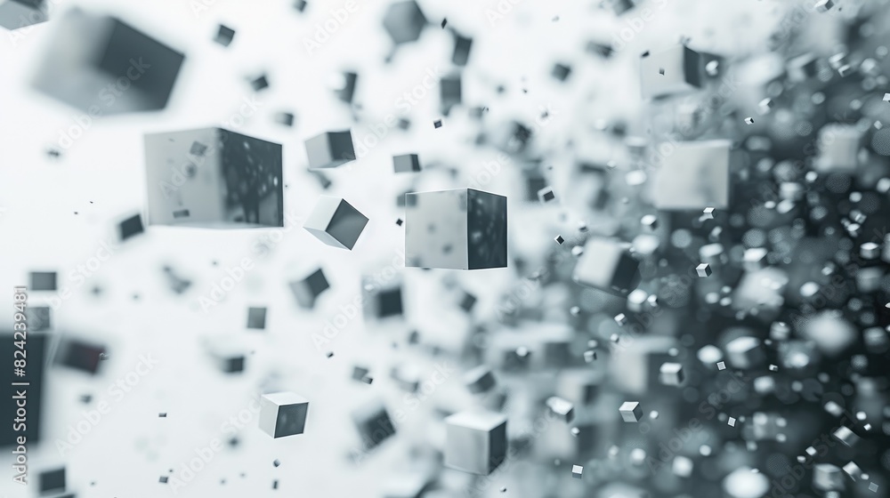 Poster 3d rendering of a swarm of tiny, reflective cubes and spheres. aig535