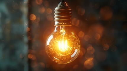 A light bulb is lit up and is hanging from a string, energy crisis concept