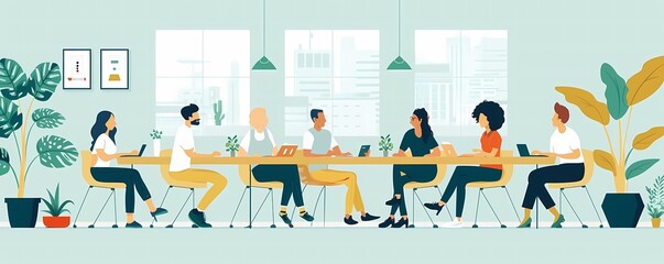 Picture a flat design of a meeting room with employees brainstorming with joy