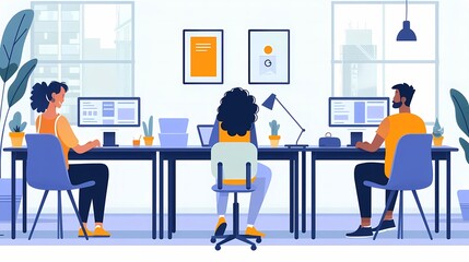 Visualize a flat design of a workplace with friendly interactions and smiles