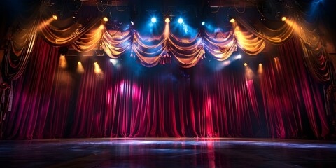 The theater stage is decorated with red and gold curtains and spotlights. Concept Theater Stage Decoration, Red and Gold Curtains, Spotlights, Theater Lighting