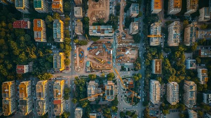 Fototapeta premium An aerial view of a city with multiple construction sites, representing urban growth