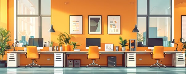 Imagine a flat design of a workplace with a positive and vibrant energy