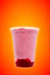 Panoramic still life of colorful frozen fruit granita drinks flowing in plastic takeaway cups with ice cream straws taste..