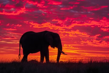 majestic african elephant silhouetted against vibrant orange and pink sunset sky dramatic wildlife...