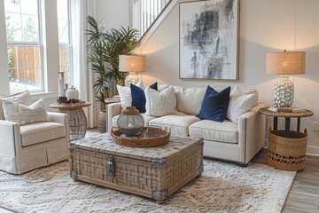 A cozy living room with staged furniture in a model home, showcasing interior design and home staging