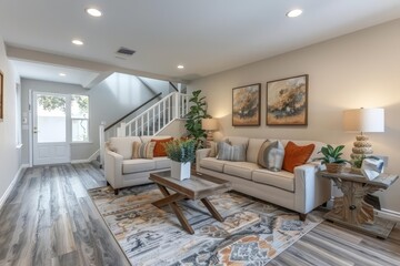 A cozy living room with staged furniture in a model home, showcasing interior design and home staging