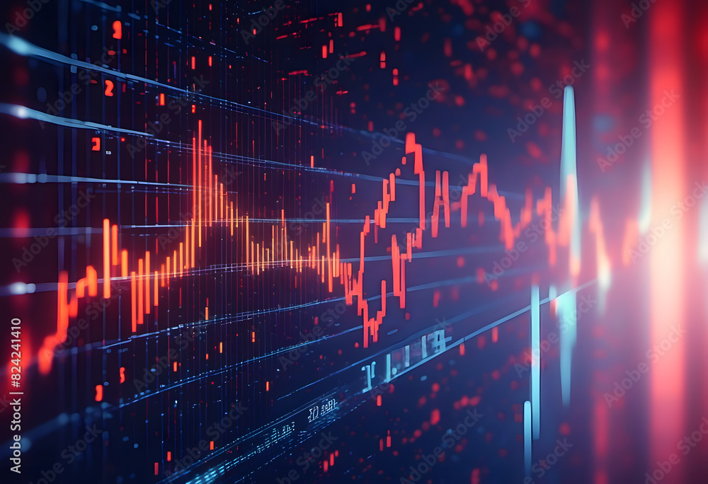 Poster a digital representation of a fluctuating stock market graph with red and blue colors, showing data 