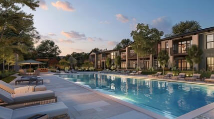 Fototapeta premium A new luxury apartment complex with a pool and amenities, showcasing highend urban living