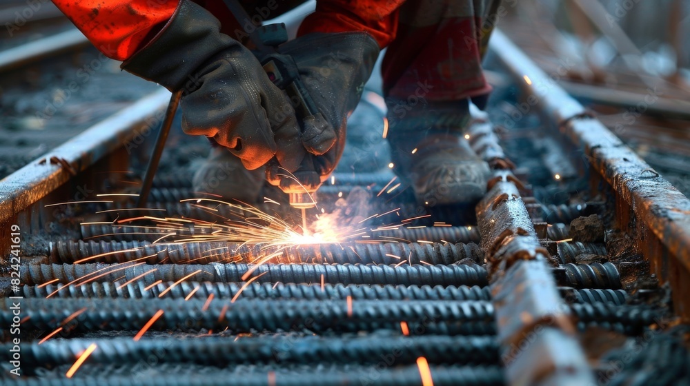 Poster a worker is welding additional steel bars onto the existing structure adding extra reinforcement to 