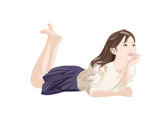 Fototapeta premium うつ伏せの笑顔の少女イラスト
