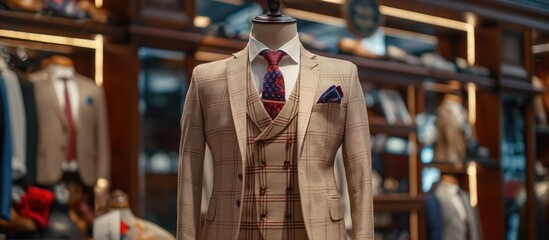 Fototapeta premium Elegant Beige Suit on Mannequin in Boutique