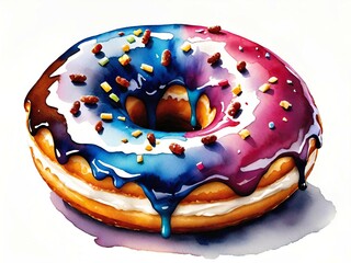 colorful donut with icing and caramel glaze on white background with colorful sprinkles