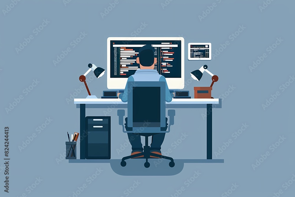 Poster Person coding at a desk with dual monitors surrounded by office supplies and two lamps - Posters