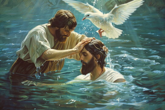 Sacred immersion: baptism of Jesus - John baptizes Jesus in the Jordan river, marking a pivotal moment of spiritual cleansing and divine affirmation.