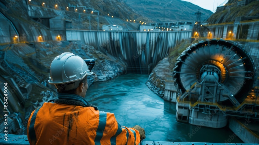 Poster A worker in a hardhat and safety gear conducts routine checks on the large turbines ensuring everything is in working order for hydro power generation.