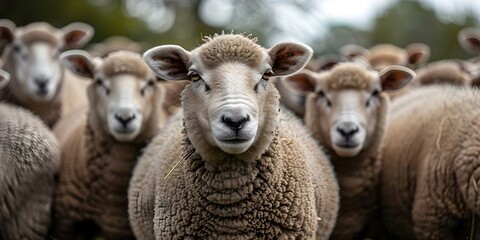 Fototapeta premium Sheep Huddled Together: Focus on Copy Space. Concept Nature Photography, Animal Portraits, Wildlife Moments