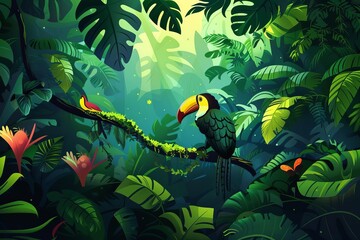 majestic fantasy jungle with exotic wild animals lush foliage enchanting nature wallpaper illustration