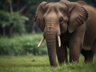 Obraz premium Cute Ceylon elephant walking on grass and searching food