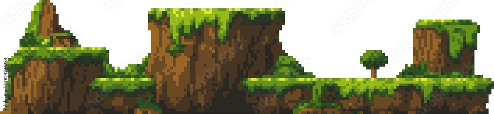 Poster retro platformer game level scene with mountains