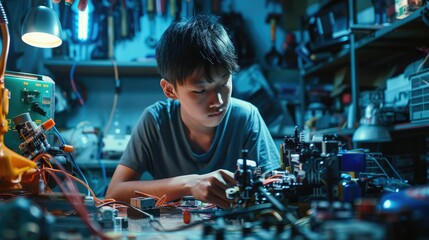 The picture of the east asian male teenager is working on the mechanical robot in his own workshop, the technician also require skill like technical knowledge, time management and experience. AIG43.