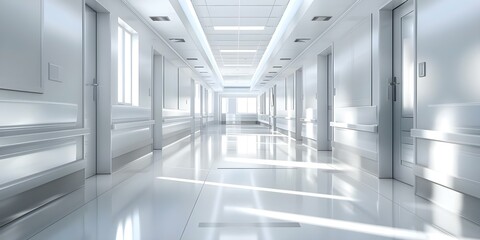 Hospital hallway with white walls bright lighting and windows in rooms. Concept Hospital Architecture, Bright Interiors, Medical Facility Design