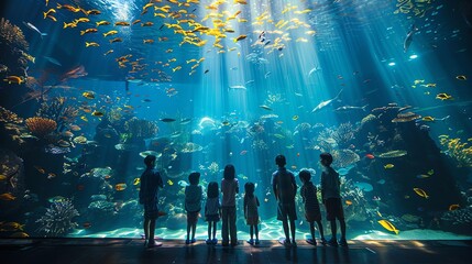 Family visiting an aquarium, children mesmerized by marine life, everyone learning and exploring, vibrant underwater scenes