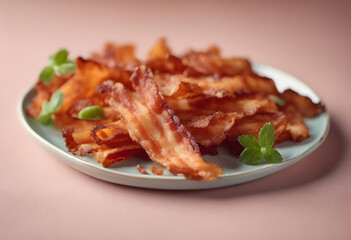 A plate of crispy bacon strips garnished with fresh basil leaves, set against a pink background. International Bacon Day.