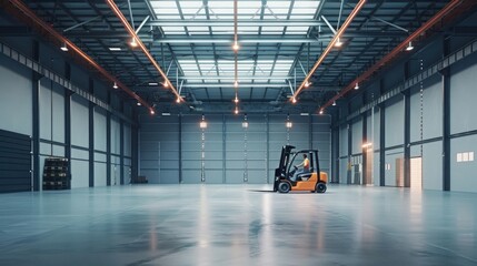 Forklift truck with worker in large warehouse or storehouse for logistics, delivery and storage of goods. Big modern warehouse interior. 3D Rendering
