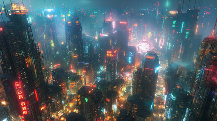 A futuristic cityscape at night, with towering skyscrapers
