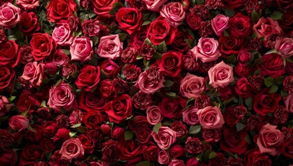 A wall of red and pink roses, arranged in an intricate pattern, creating a romantic Valentine's Day backdrop.