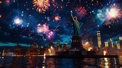 fireworks behind the statue of liberty